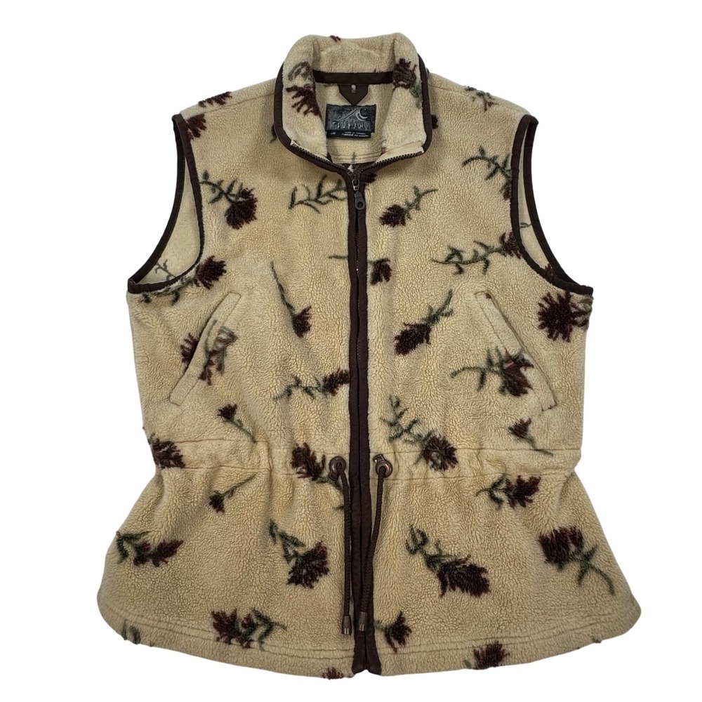 Tsunami Vintage Fleece Vest Floral Full Zip Drawstring Waist Beige Brown Large